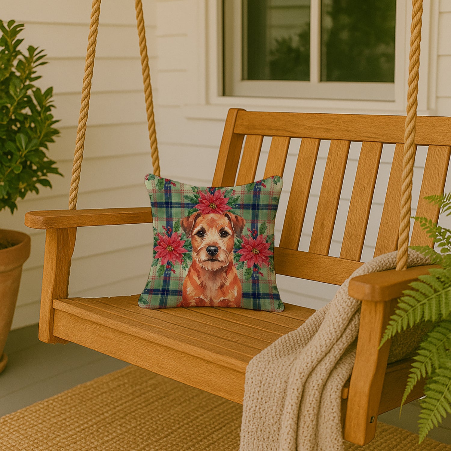 Red Border Terrier Christmas PoinsettIas Decorative Throw Pillow 14x14 Indoor Outdoor Accent Cushion, Fabric Cover with Insert for Sofa, Bed, Porch & Living Room