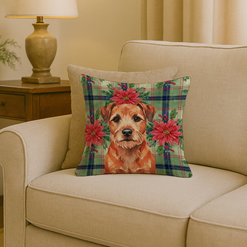 Red Border Terrier Christmas PoinsettIas Decorative Throw Pillow 18x18 Indoor Outdoor Accent Cushion, Fabric Cover with Insert for Sofa, Bed, Porch & Living Room