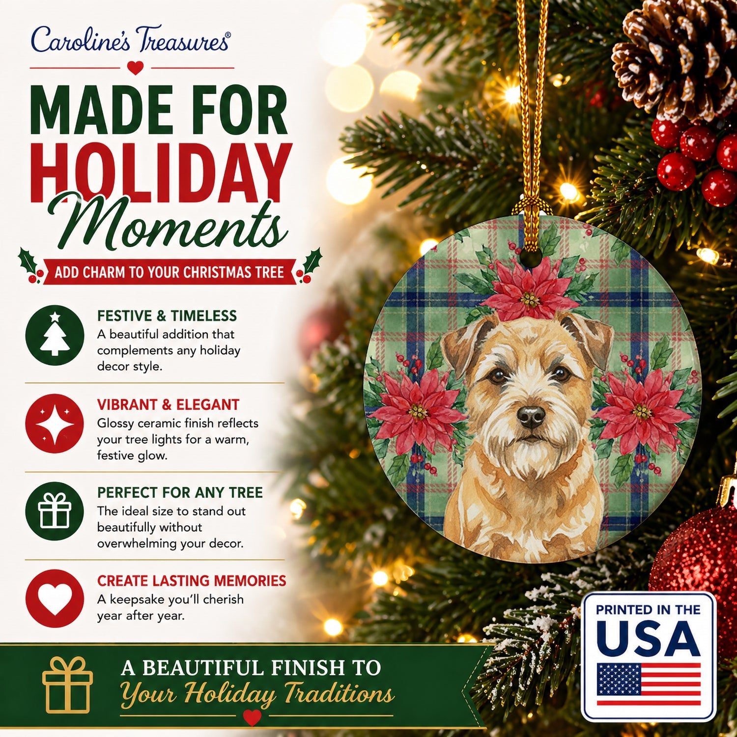 Wheaten Border Terrier Christmas PoinsettIas Ceramic Ornament Christmas Tree Hanging Decorations for Home Christmas Holiday, Party, Gift, 3 in, Multicolor
