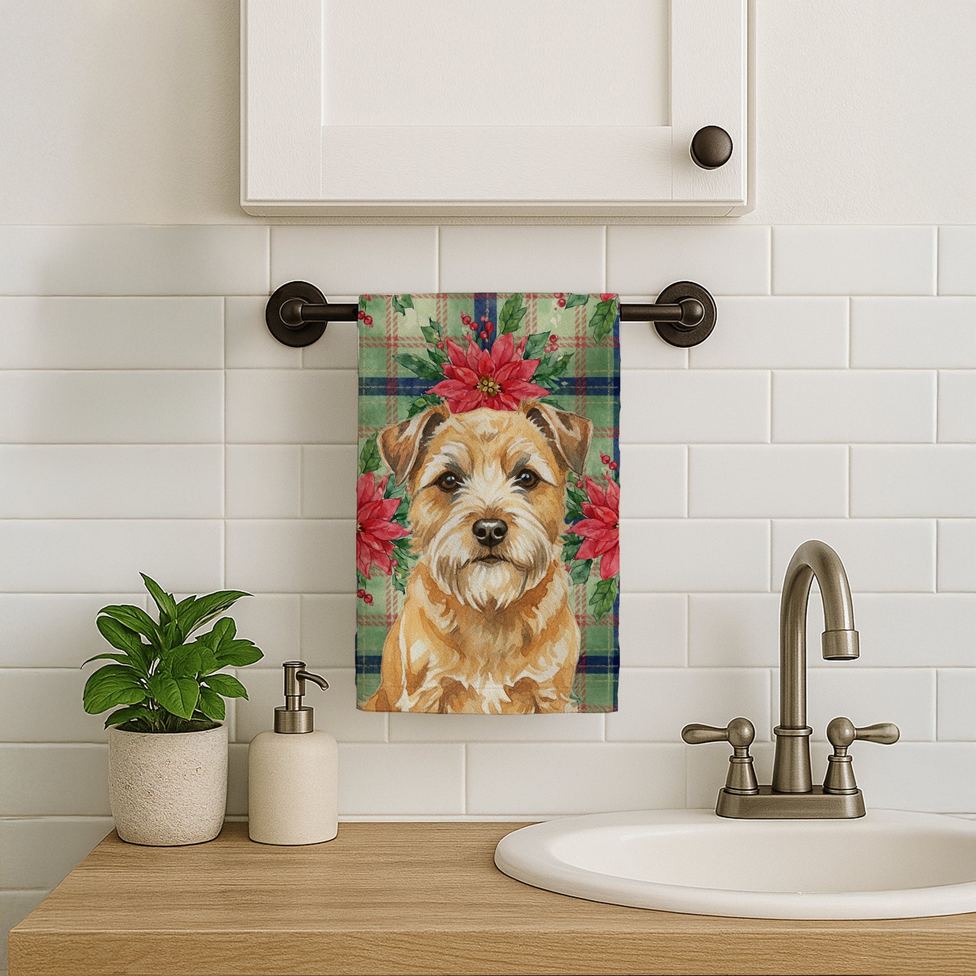Wheaten Border Terrier Christmas PoinsettIas Kitchen Towel Velour Plush Front and Cotton Loop Back Machine Washable