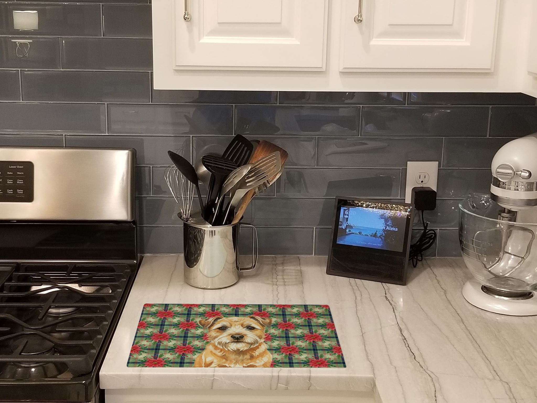 Wheaten Border Terrier Christmas PoinsettIas Cutting Board Tempered Glass Kitchen Cutting Surface, Heat Resistant Chopping, Non-Slip Feet, Food Prep & Serving
