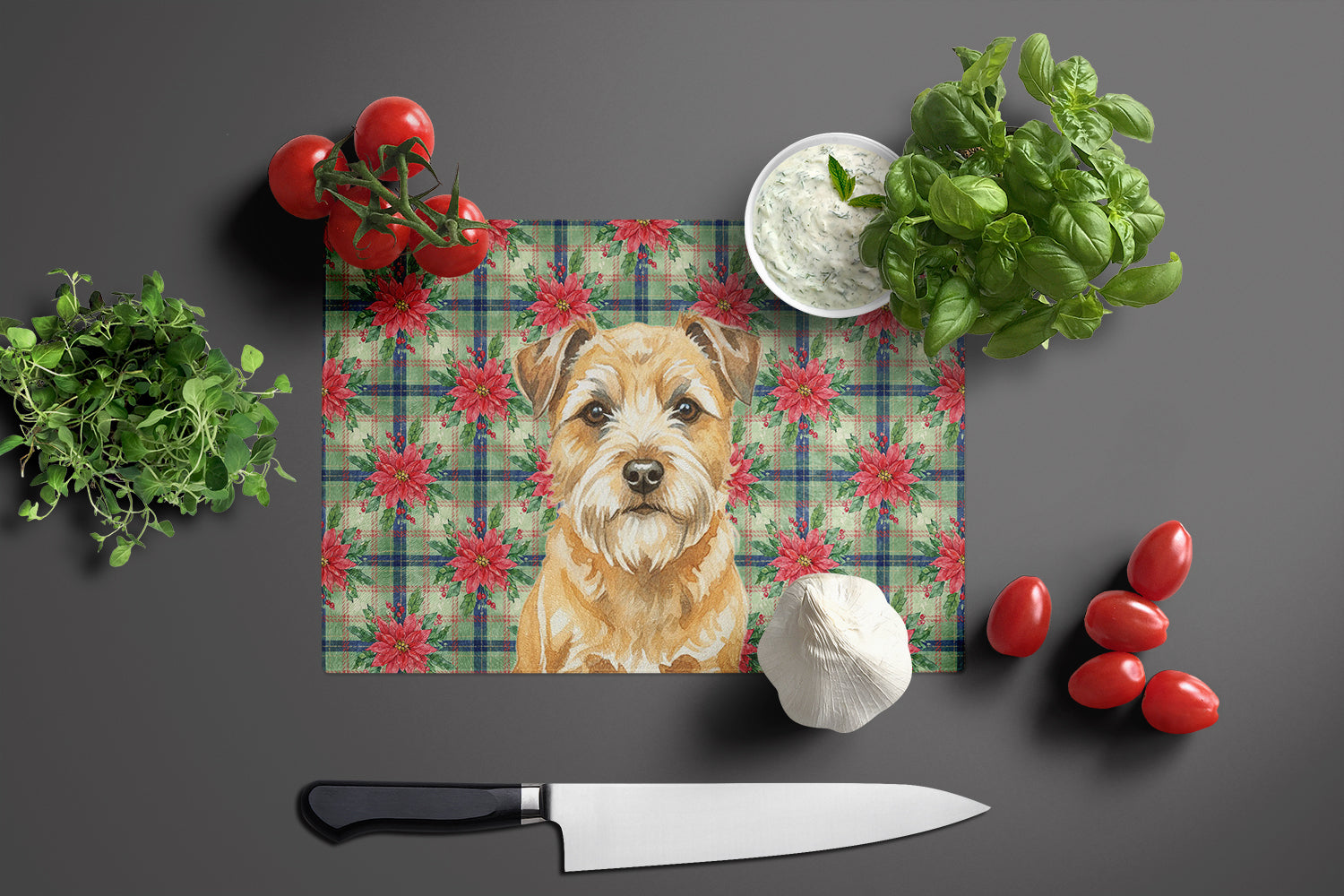 Wheaten Border Terrier Christmas PoinsettIas Cutting Board Tempered Glass Kitchen Cutting Surface, Heat Resistant Chopping, Non-Slip Feet, Food Prep & Serving