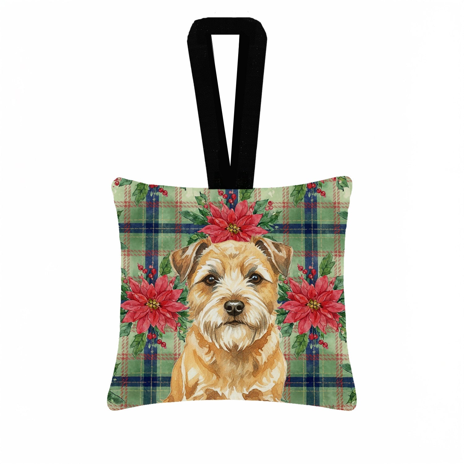 Wheaten Border Terrier Christmas PoinsettIas Hanging Square Fabric Ornament 3.5 � 3.5 Decorative Door-Knob & Tree Hanger, Soft Fabric
