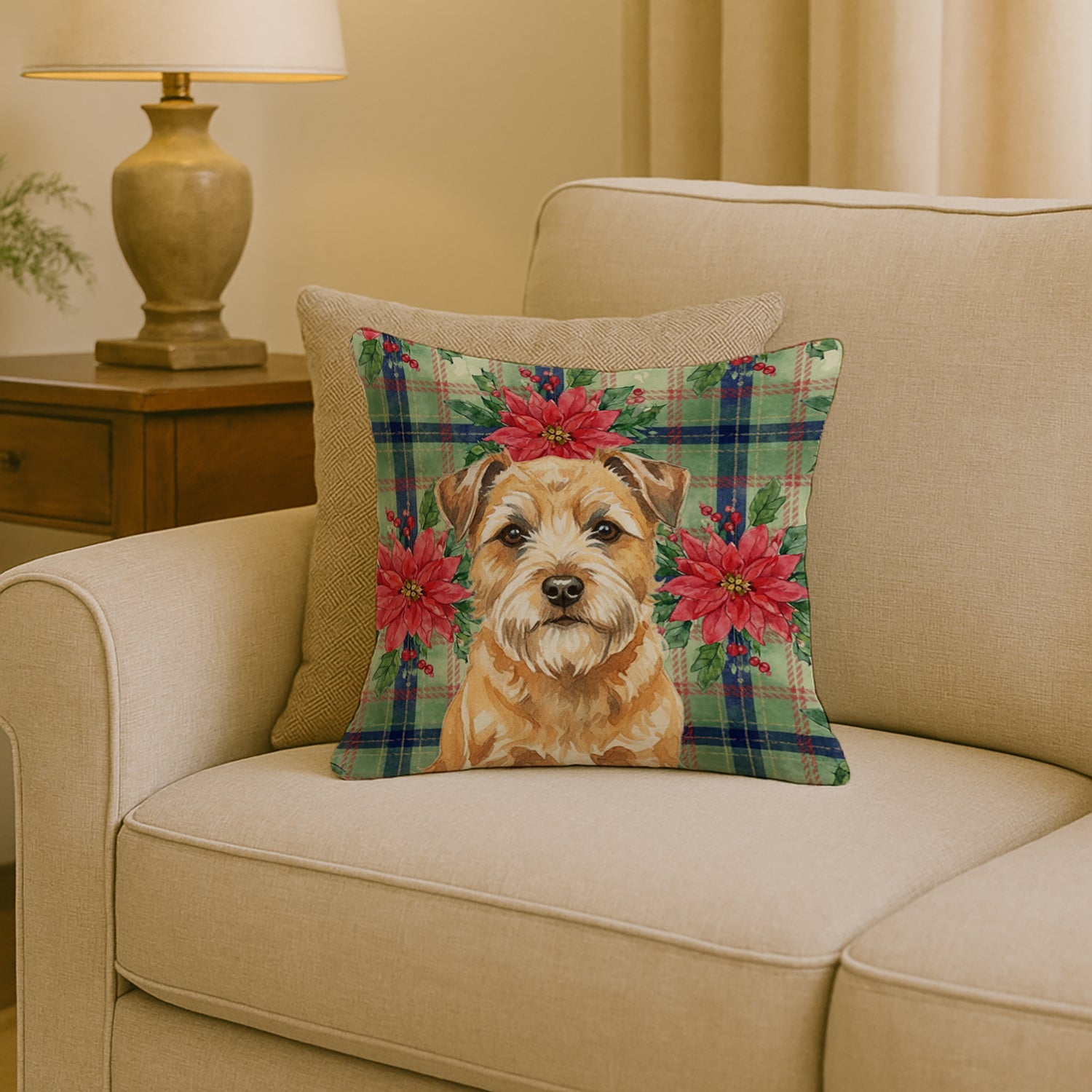 Wheaten Border Terrier Christmas PoinsettIas Decorative Throw Pillow 18x18 Indoor Outdoor Accent Cushion, Fabric Cover with Insert for Sofa, Bed, Porch & Living Room
