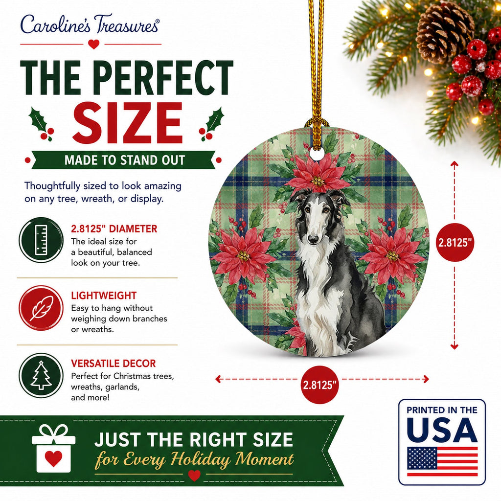 Black and White Borzoi Christmas PoinsettIas Ceramic Ornament Christmas Tree Hanging Decorations for Home Christmas Holiday, Party, Gift, 3 in, Multicolor