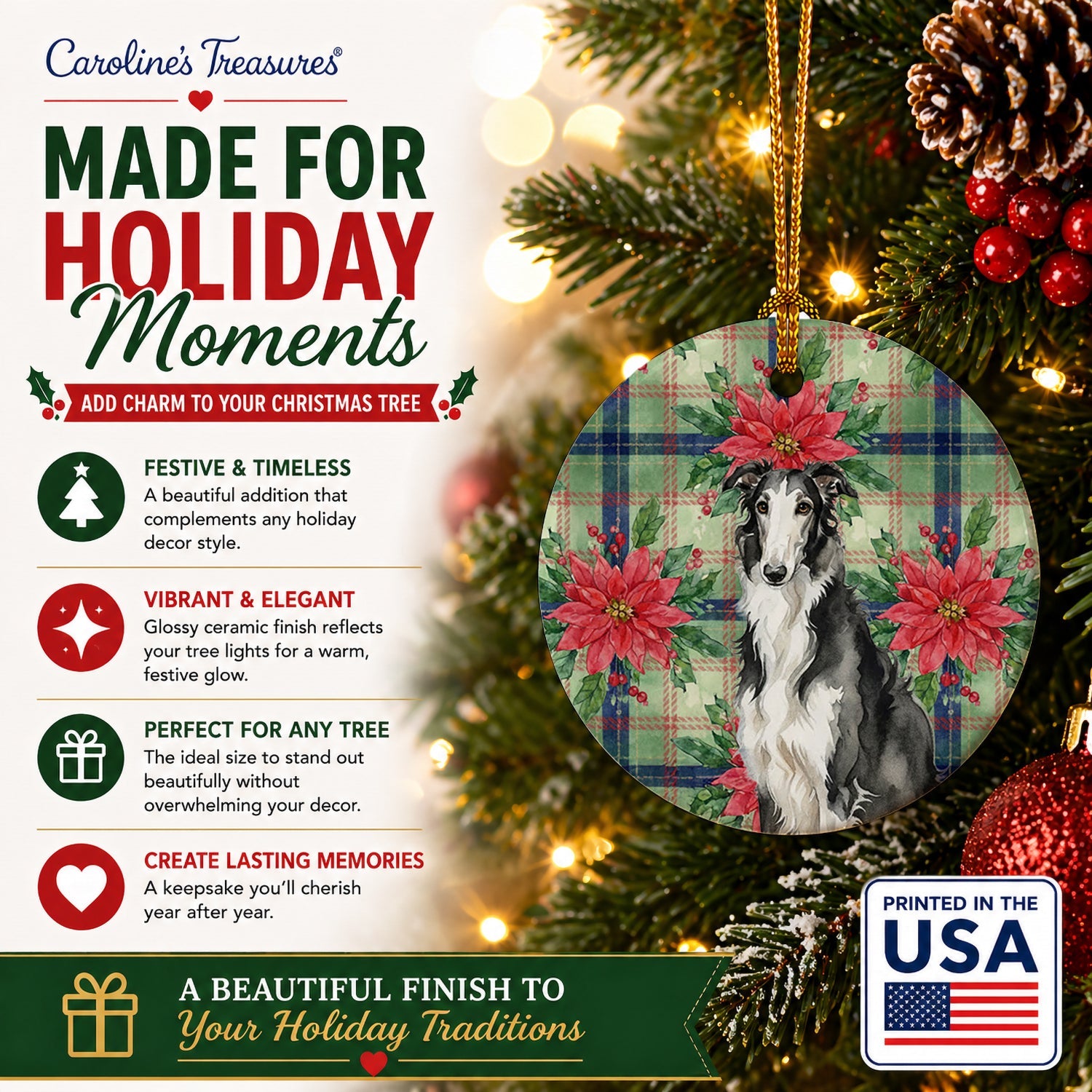 Black and White Borzoi Christmas PoinsettIas Ceramic Ornament Christmas Tree Hanging Decorations for Home Christmas Holiday, Party, Gift, 3 in, Multicolor
