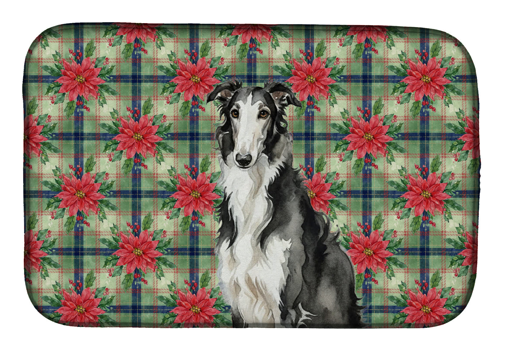 Black and White Borzoi Christmas PoinsettIas Dish Drying Mat Absorbent Dish Drying Mat Pad for Kitchen Counter Dish Drainer Mat for Countertop, 14 x 21", Multicolor