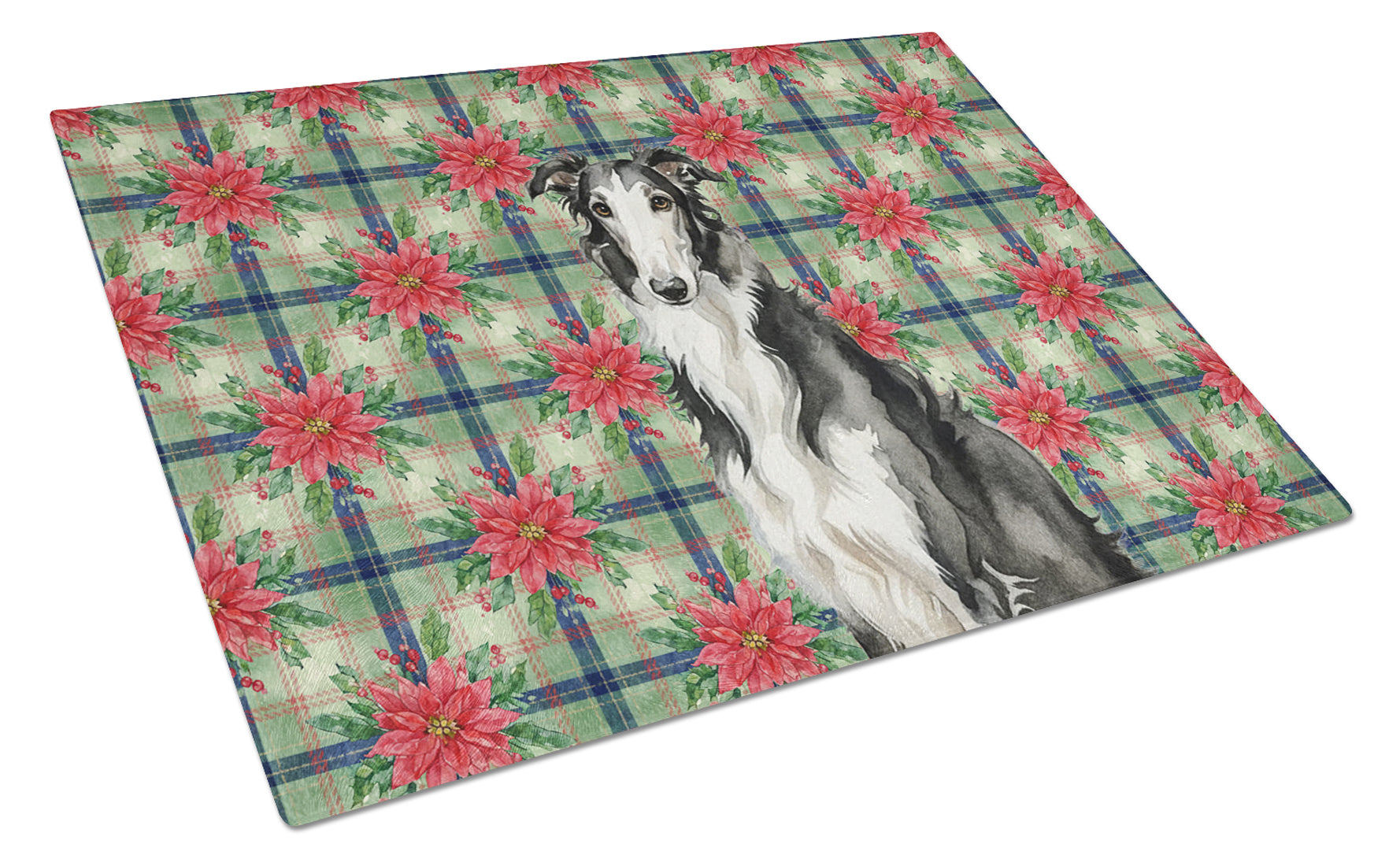 Black and White Borzoi Christmas PoinsettIas Cutting Board Tempered Glass Kitchen Cutting Surface, Heat Resistant Chopping, Non-Slip Feet, Food Prep & Serving