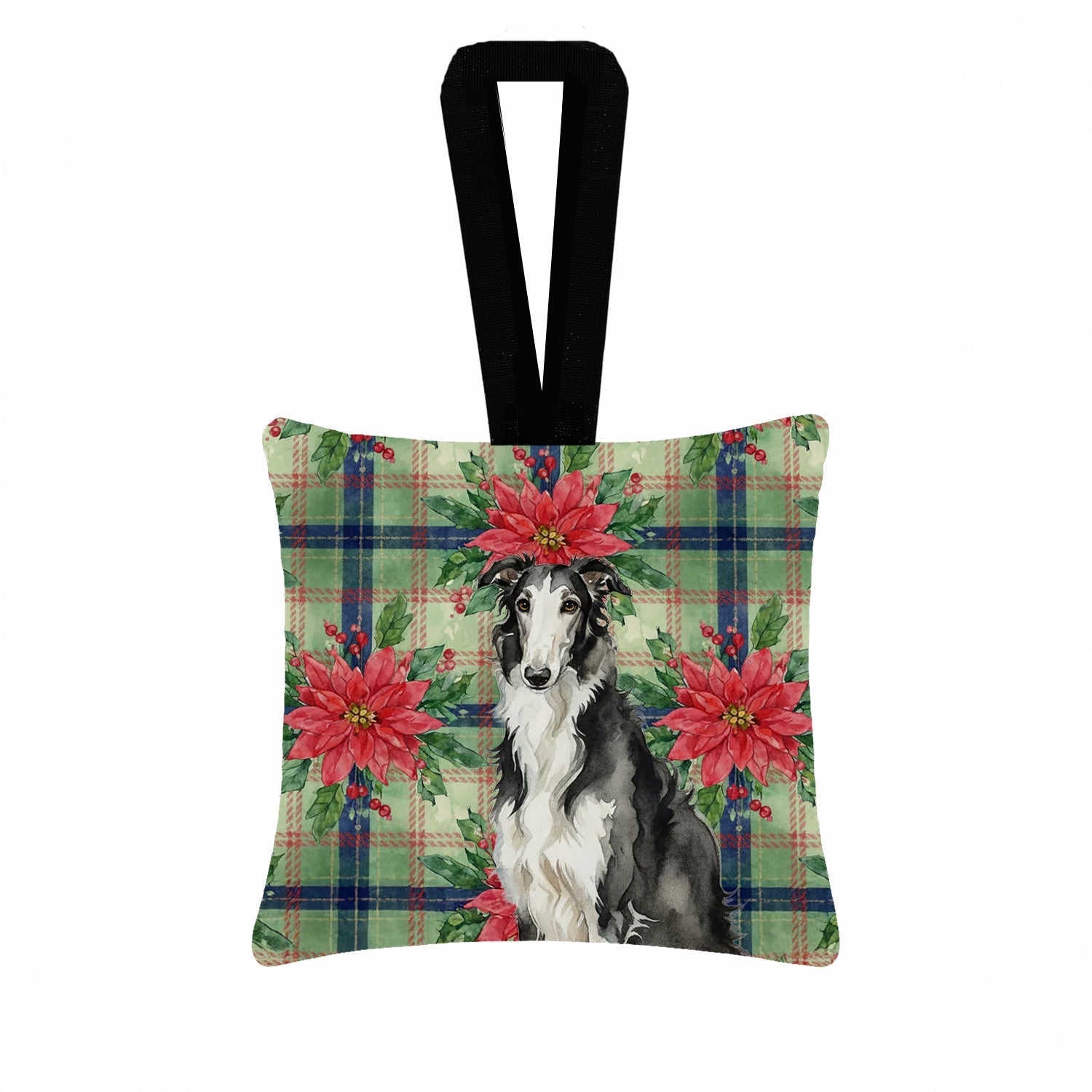 Black and White Borzoi Christmas PoinsettIas Hanging Square Fabric Ornament 3.5 � 3.5 Decorative Door-Knob & Tree Hanger, Soft Fabric