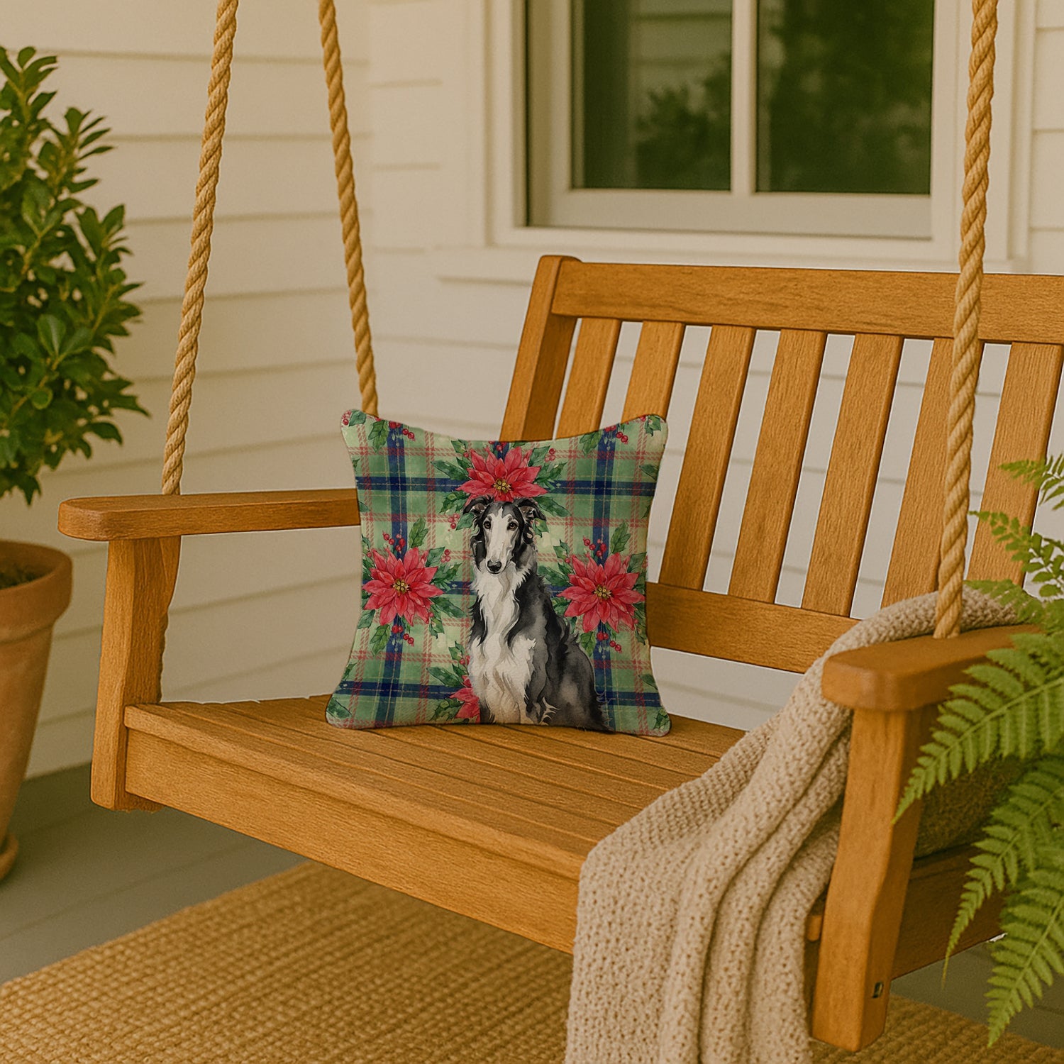 Black and White Borzoi Christmas PoinsettIas Decorative Throw Pillow 14x14 Indoor Outdoor Accent Cushion, Fabric Cover with Insert for Sofa, Bed, Porch & Living Room