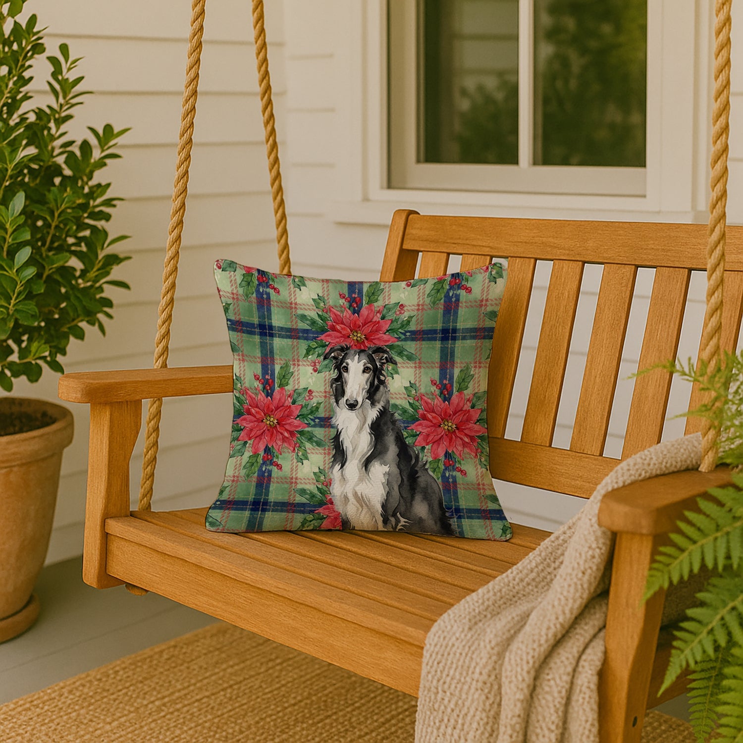 Black and White Borzoi Christmas PoinsettIas Decorative Throw Pillow 18x18 Indoor Outdoor Accent Cushion, Fabric Cover with Insert for Sofa, Bed, Porch & Living Room
