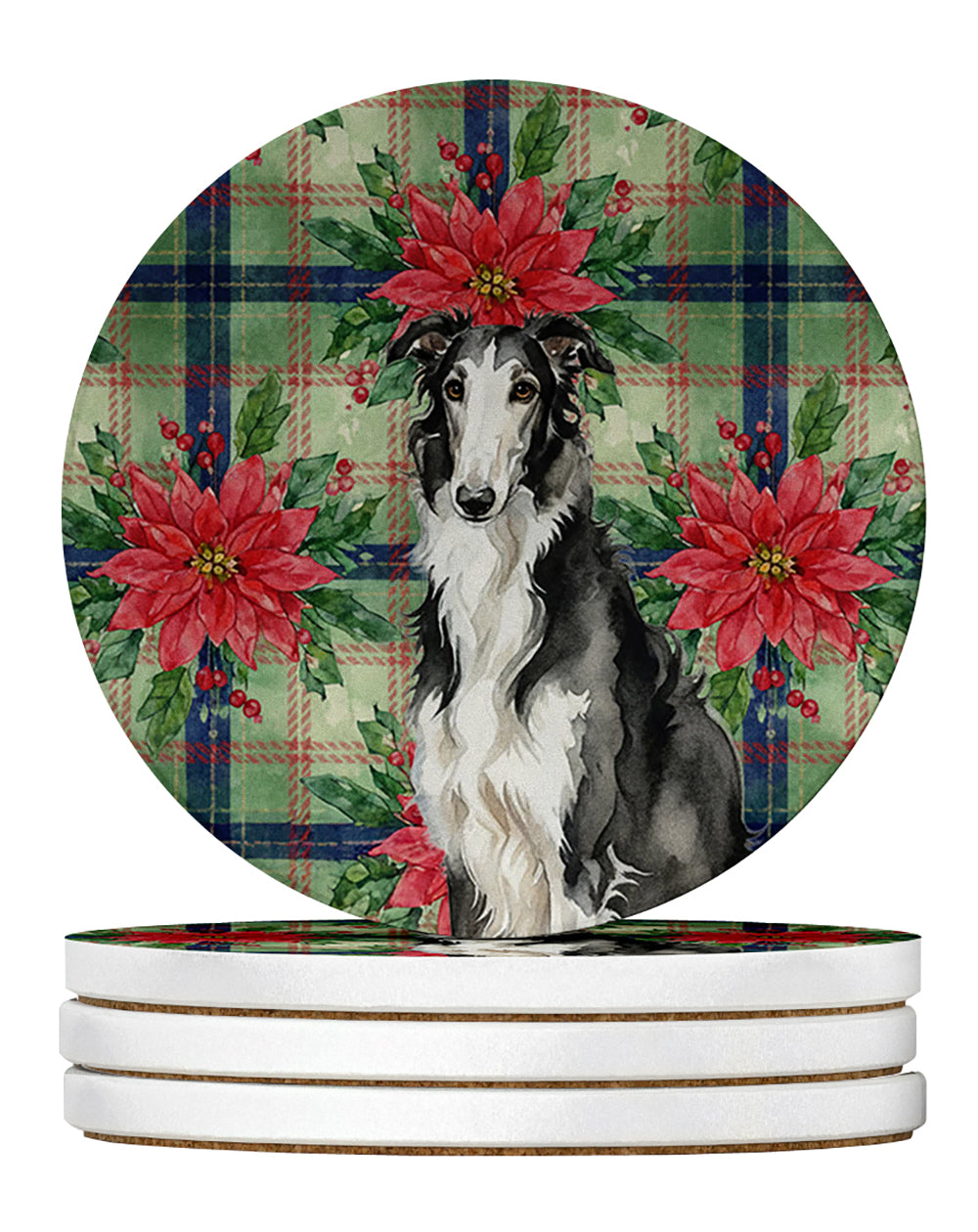 Black and White Borzoi Christmas PoinsettIas Large Sandstone Coasters Pack of 4 Absorbent Round Coasters Decor Gifts for Men or Women, 4 in, Multicolor