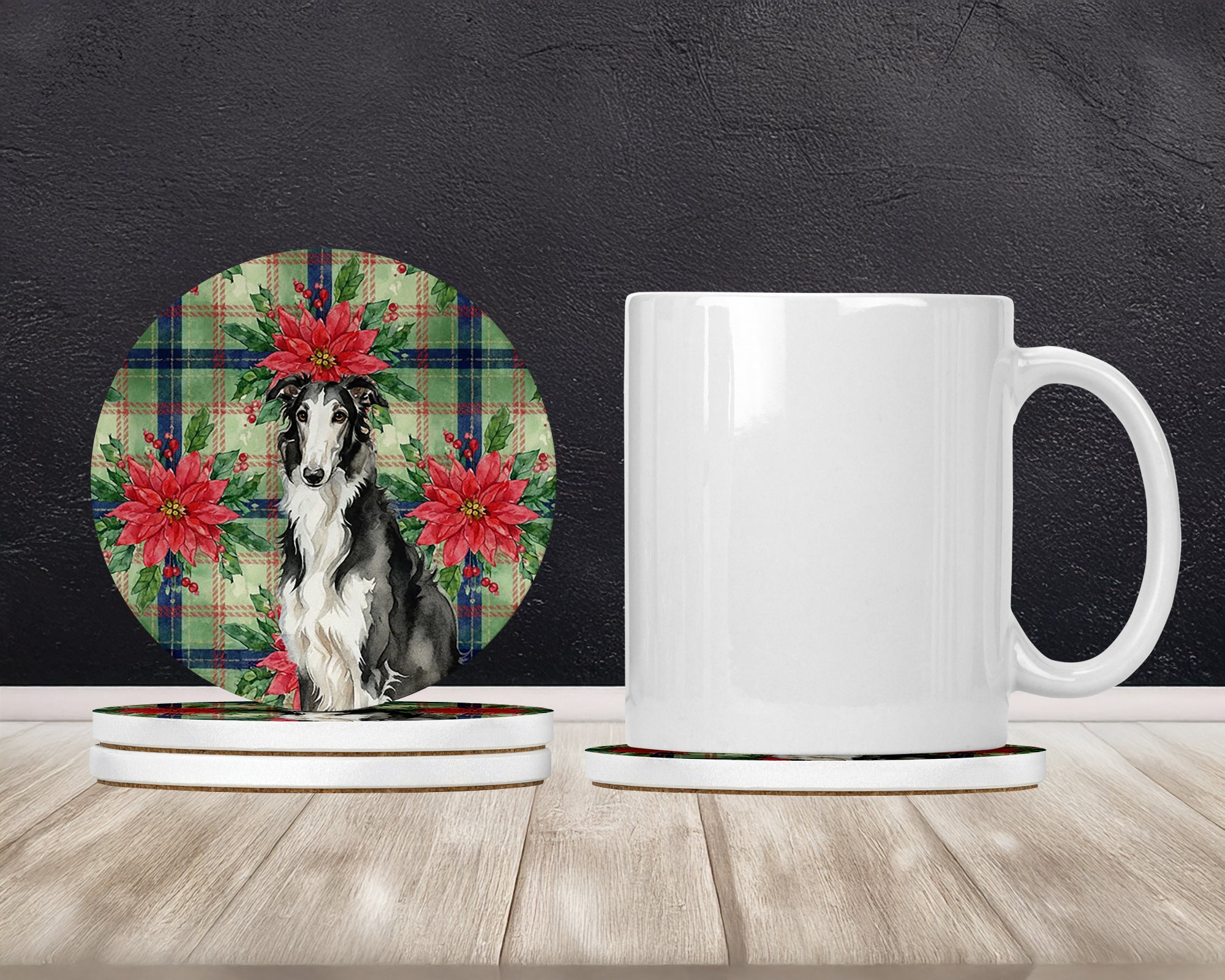 Black and White Borzoi Christmas PoinsettIas Large Sandstone Coasters Pack of 4 Absorbent Round Coasters Decor Gifts for Men or Women, 4 in, Multicolor