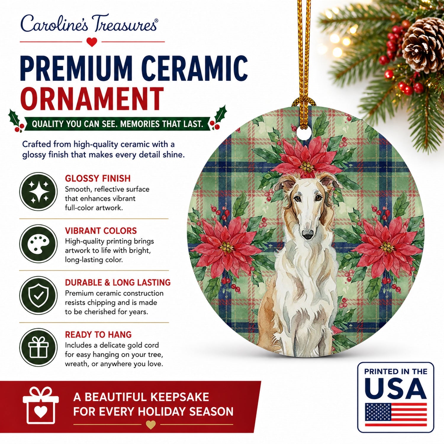 Borzoi Christmas PoinsettIas Ceramic Ornament Christmas Tree Hanging Decorations for Home Christmas Holiday, Party, Gift, 3 in, Multicolor