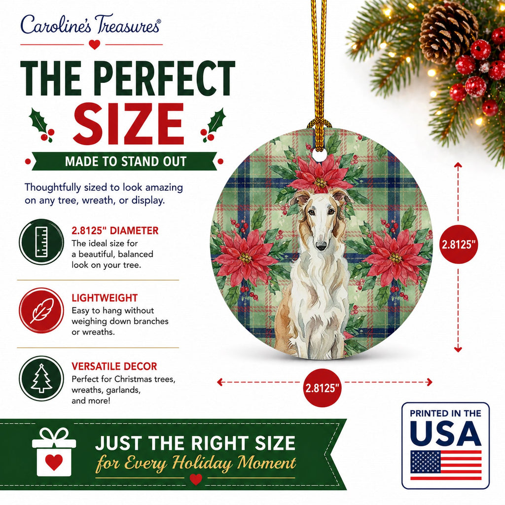 Borzoi Christmas PoinsettIas Ceramic Ornament Christmas Tree Hanging Decorations for Home Christmas Holiday, Party, Gift, 3 in, Multicolor
