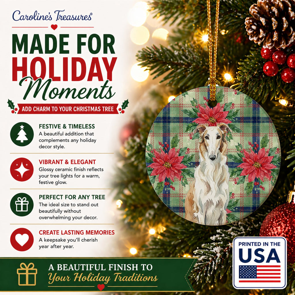 Borzoi Christmas PoinsettIas Ceramic Ornament Christmas Tree Hanging Decorations for Home Christmas Holiday, Party, Gift, 3 in, Multicolor