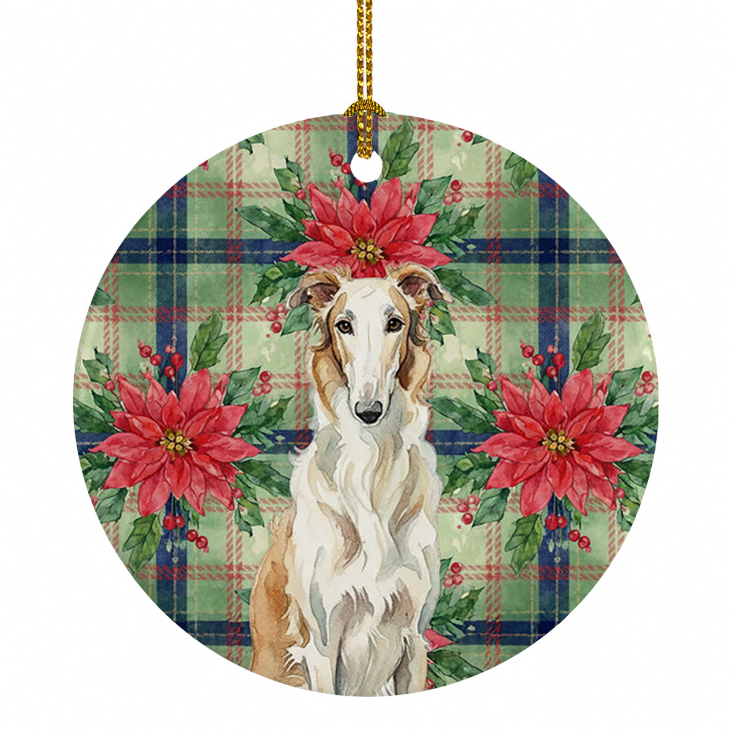 Borzoi Christmas PoinsettIas Ceramic Ornament Christmas Tree Hanging Decorations for Home Christmas Holiday, Party, Gift, 3 in, Multicolor