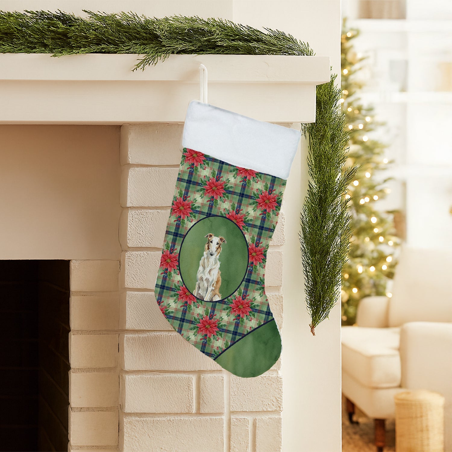 Borzoi Christmas PoinsettIas Holiday Stocking Double-Sided Print, Polyester Suede,11x18, Made in USA