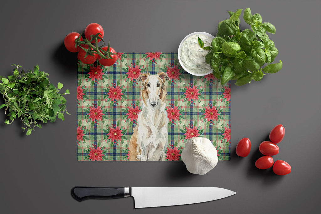 Borzoi Christmas PoinsettIas Cutting Board Tempered Glass Kitchen Cutting Surface, Heat Resistant Chopping, Non-Slip Feet, Food Prep & Serving