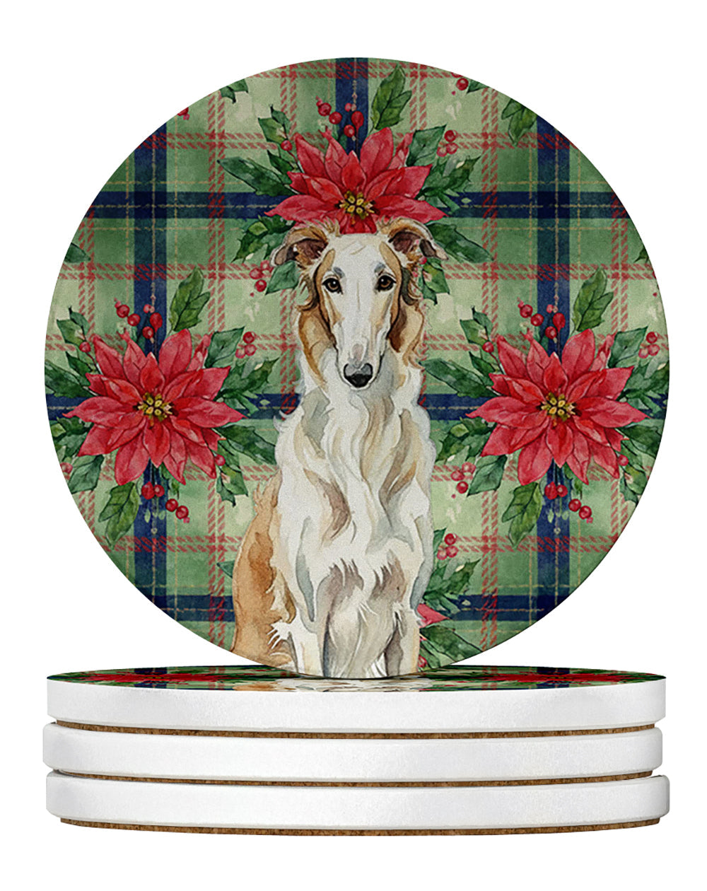 Borzoi Christmas PoinsettIas Large Sandstone Coasters Pack of 4 Absorbent Round Coasters Decor Gifts for Men or Women, 4 in, Multicolor