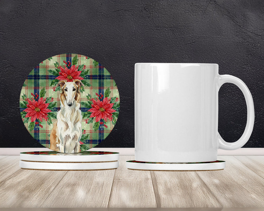 Borzoi Christmas PoinsettIas Large Sandstone Coasters Pack of 4 Absorbent Round Coasters Decor Gifts for Men or Women, 4 in, Multicolor