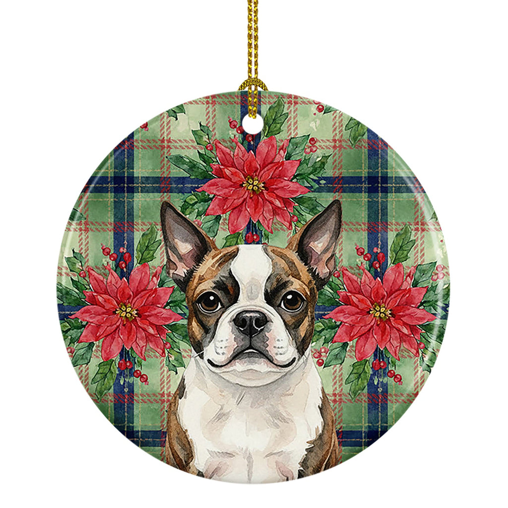 Brindle Boston Terrier Christmas PoinsettIas Ceramic Ornament Christmas Tree Hanging Decorations for Home Christmas Holiday, Party, Gift, 3 in, Multicolor