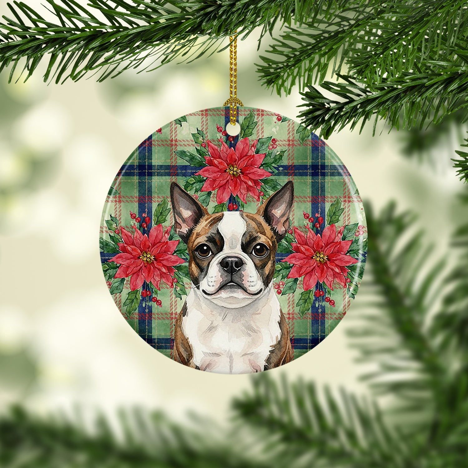 Brindle Boston Terrier Christmas PoinsettIas Ceramic Ornament Christmas Tree Hanging Decorations for Home Christmas Holiday, Party, Gift, 3 in, Multicolor