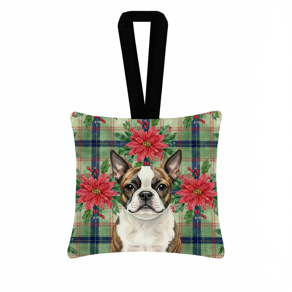 Brindle Boston Terrier Christmas PoinsettIas Hanging Square Fabric Ornament 3.5 � 3.5 Decorative Door-Knob & Tree Hanger, Soft Fabric
