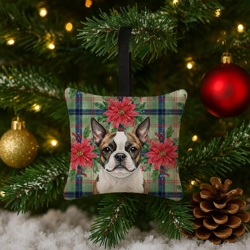 Brindle Boston Terrier Christmas PoinsettIas Hanging Square Fabric Ornament 3.5 � 3.5 Decorative Door-Knob & Tree Hanger, Soft Fabric