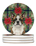 Brindle Boston Terrier Christmas PoinsettIas Large Sandstone Coasters Pack of 4 Absorbent Round Coasters Decor Gifts for Men or Women, 4 in, Multicolor