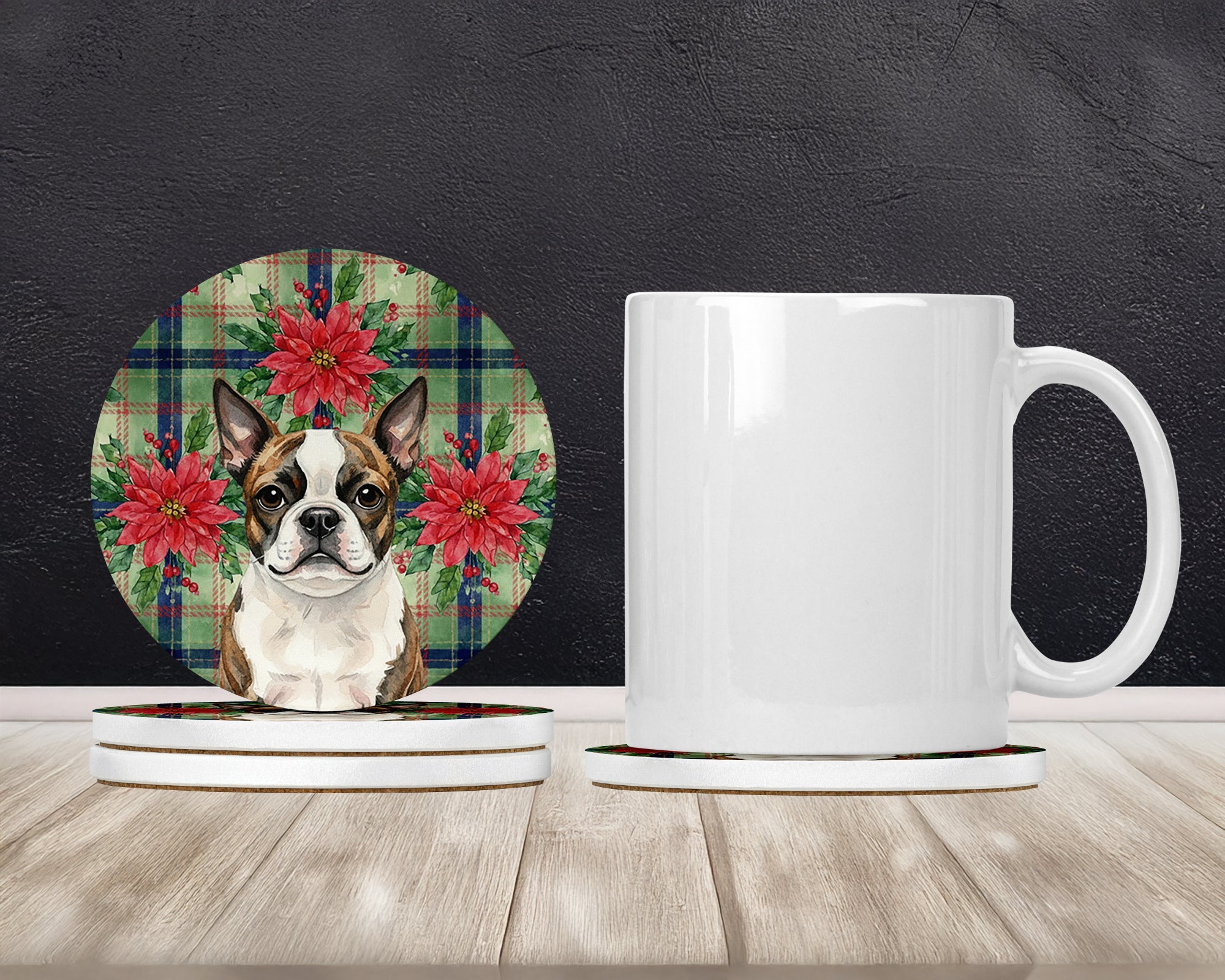 Brindle Boston Terrier Christmas PoinsettIas Large Sandstone Coasters Pack of 4 Absorbent Round Coasters Decor Gifts for Men or Women, 4 in, Multicolor