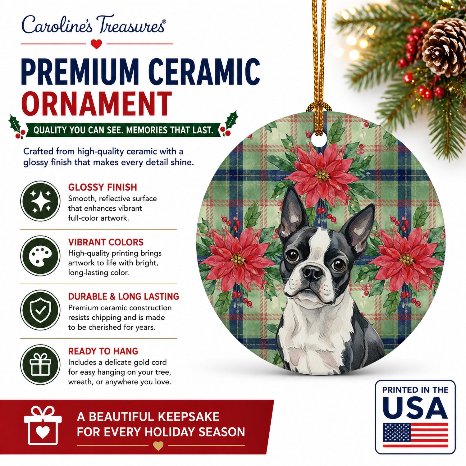 Boston Terrier Christmas PoinsettIas Ceramic Ornament Christmas Tree Hanging Decorations for Home Christmas Holiday, Party, Gift, 3 in, Multicolor