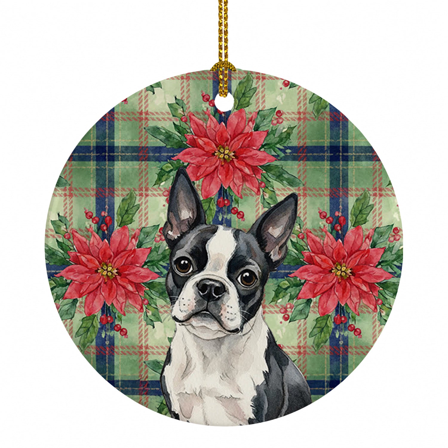Boston Terrier Christmas PoinsettIas Ceramic Ornament Christmas Tree Hanging Decorations for Home Christmas Holiday, Party, Gift, 3 in, Multicolor