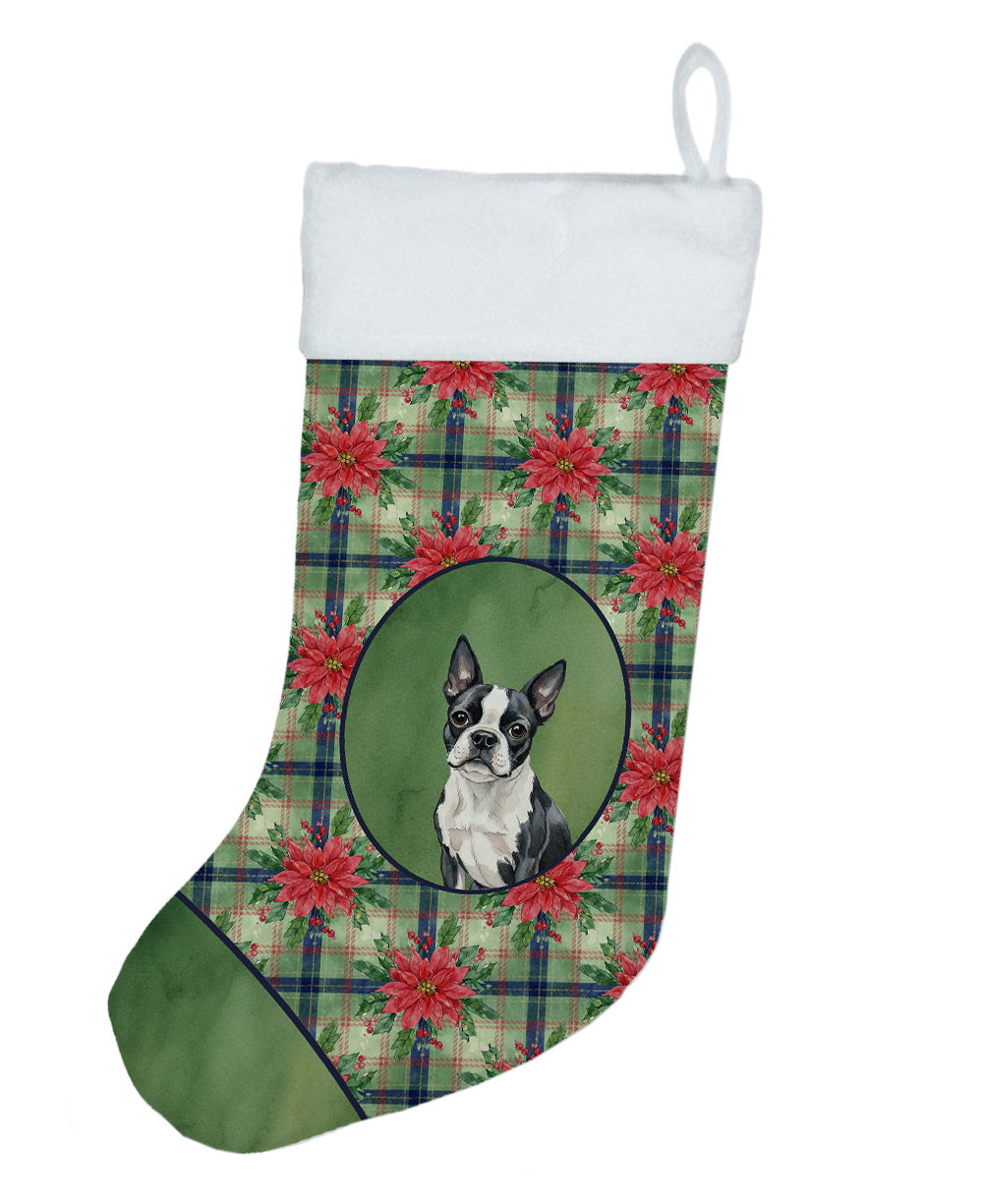 Boston Terrier Christmas PoinsettIas Holiday Stocking Double-Sided Print, Polyester Suede,11x18, Made in USA