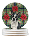 Boston Terrier Christmas PoinsettIas Large Sandstone Coasters Pack of 4 Absorbent Round Coasters Decor Gifts for Men or Women, 4 in, Multicolor