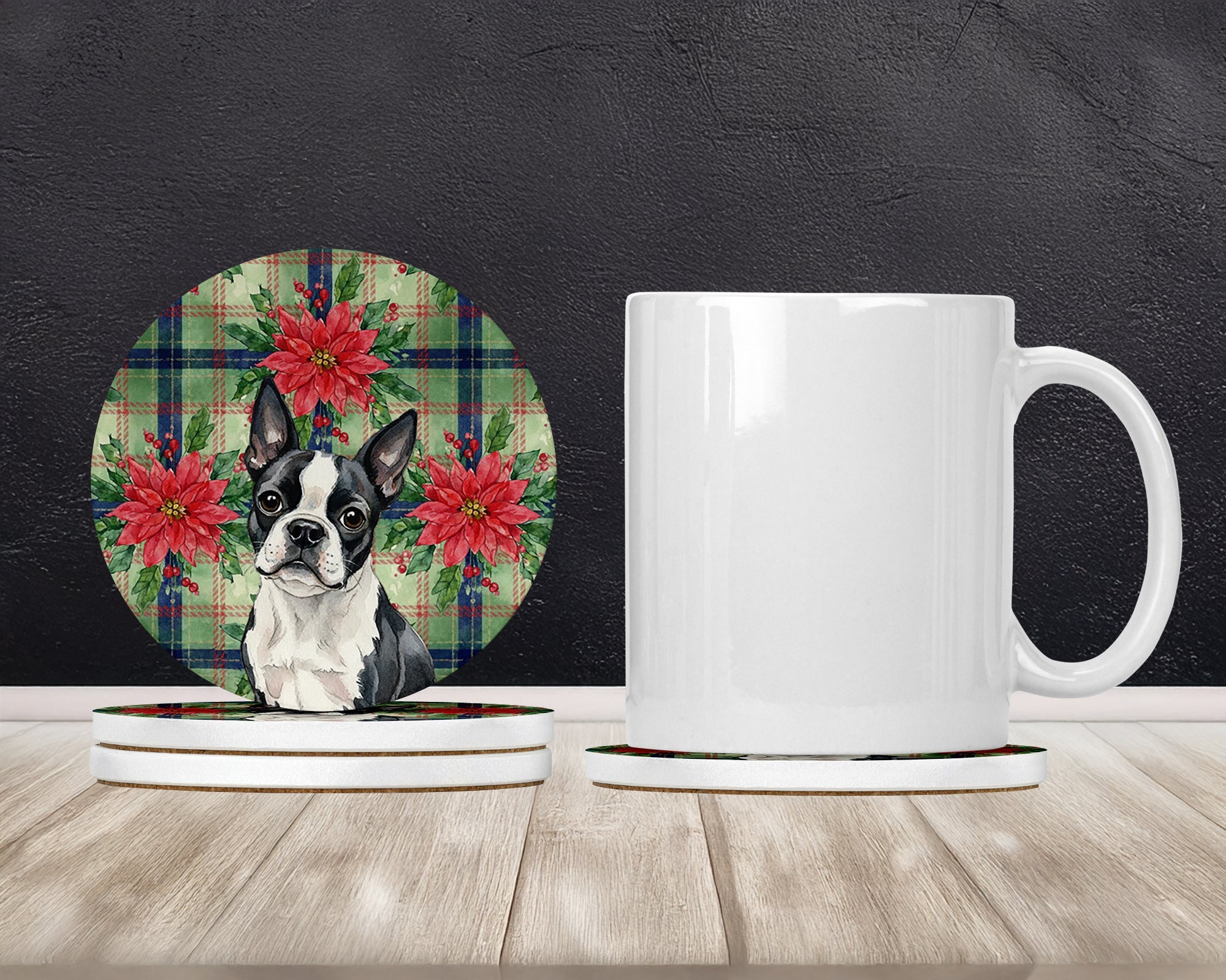 Boston Terrier Christmas PoinsettIas Large Sandstone Coasters Pack of 4 Absorbent Round Coasters Decor Gifts for Men or Women, 4 in, Multicolor