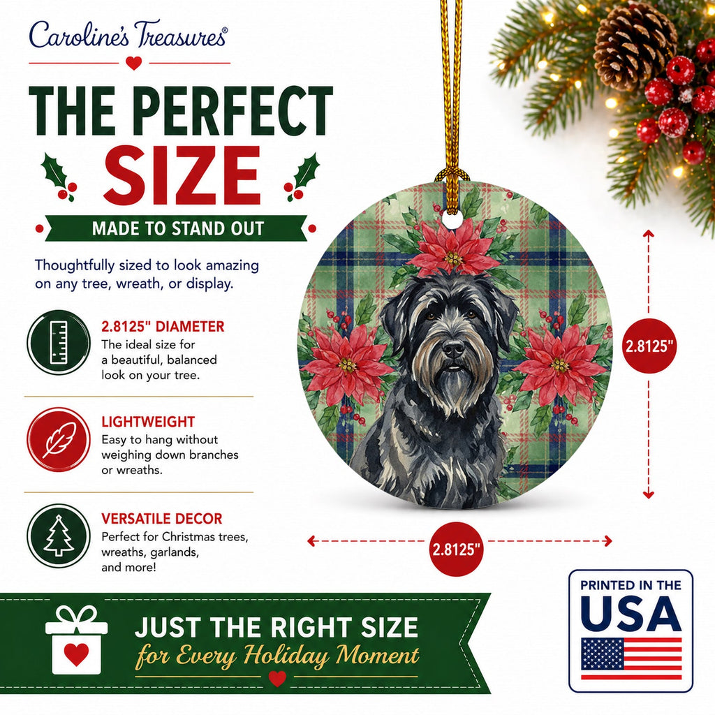 Bouvier des Flandres Christmas PoinsettIas Ceramic Ornament Christmas Tree Hanging Decorations for Home Christmas Holiday, Party, Gift, 3 in, Multicolor