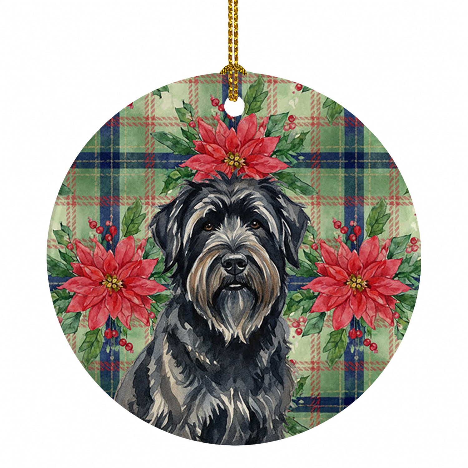 Bouvier des Flandres Christmas PoinsettIas Ceramic Ornament Christmas Tree Hanging Decorations for Home Christmas Holiday, Party, Gift, 3 in, Multicolor