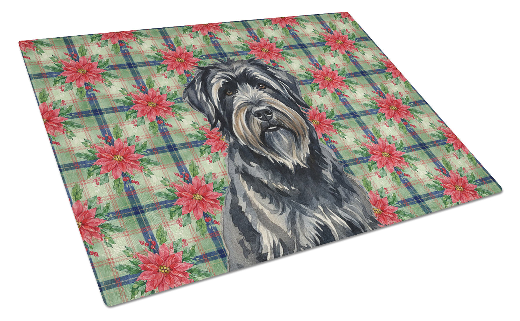 Bouvier des Flandres Christmas PoinsettIas Cutting Board Tempered Glass Kitchen Cutting Surface, Heat Resistant Chopping, Non-Slip Feet, Food Prep & Serving