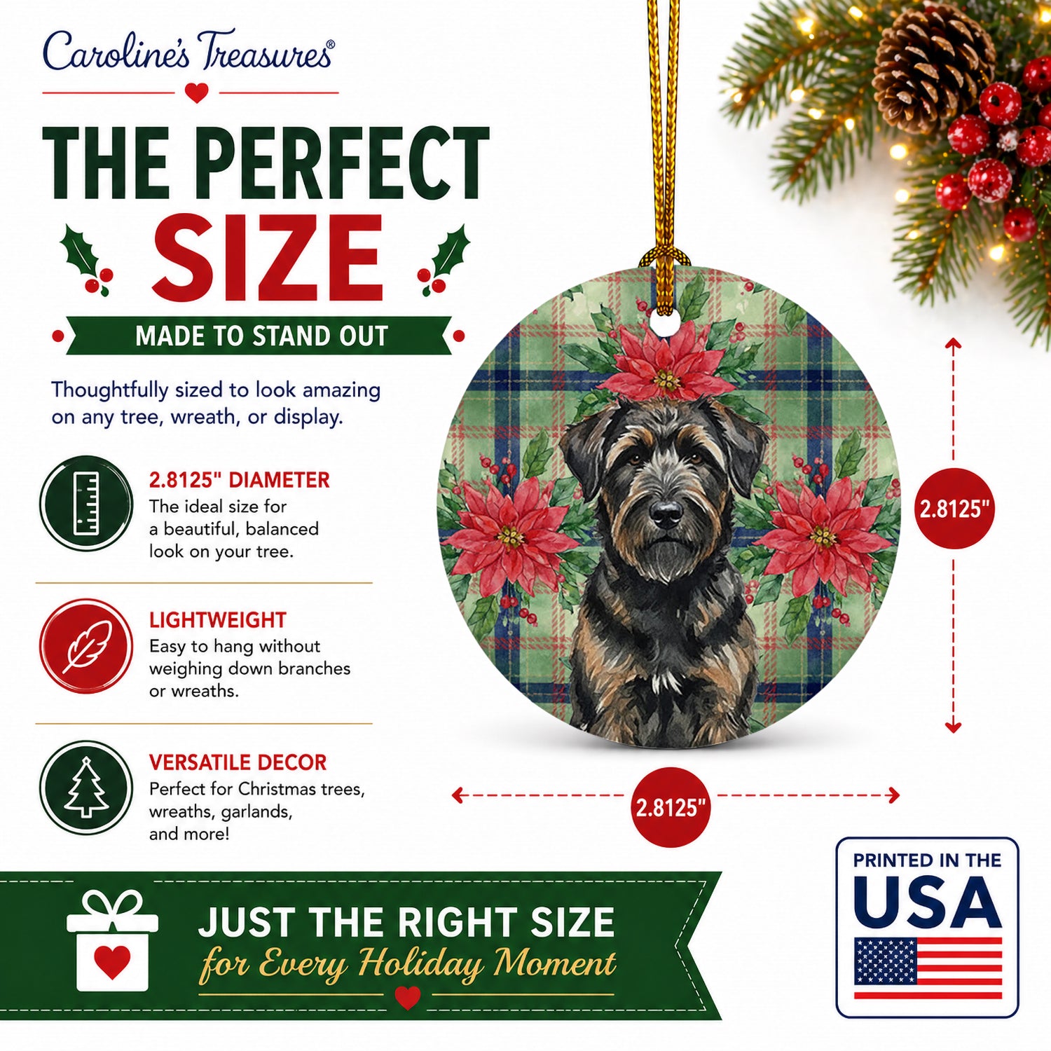 Brindle Bouvier des Flandres Christmas PoinsettIas Ceramic Ornament Christmas Tree Hanging Decorations for Home Christmas Holiday, Party, Gift, 3 in, Multicolor