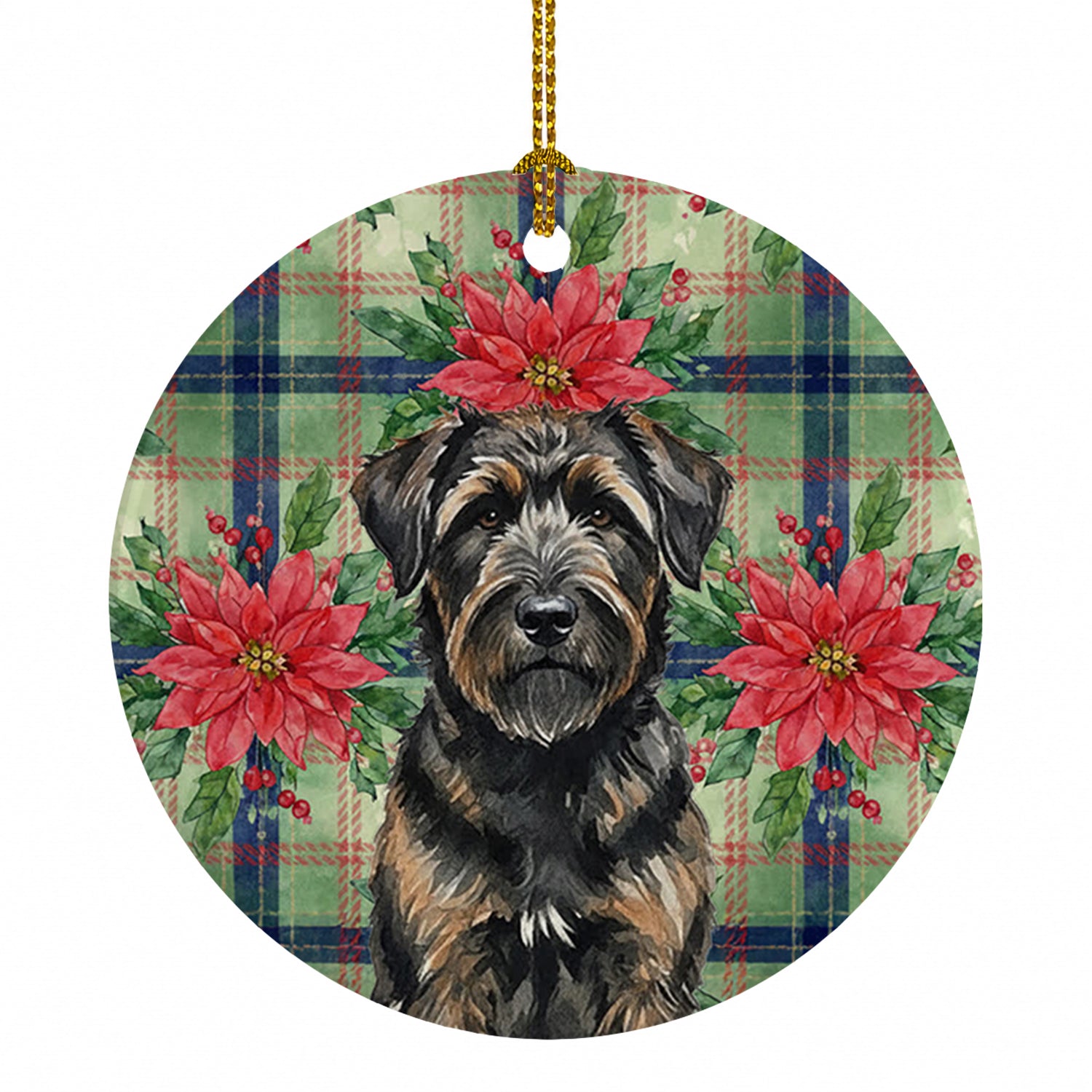Brindle Bouvier des Flandres Christmas PoinsettIas Ceramic Ornament Christmas Tree Hanging Decorations for Home Christmas Holiday, Party, Gift, 3 in, Multicolor