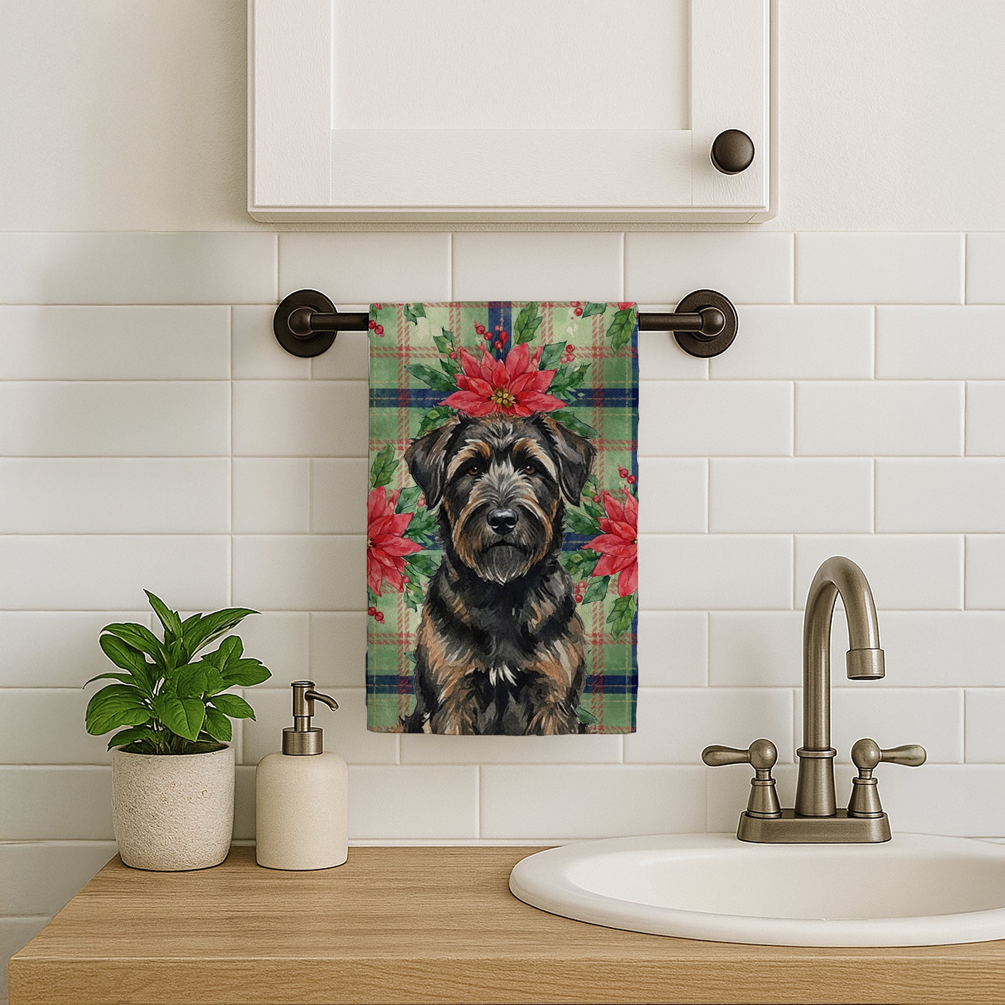 Brindle Bouvier des Flandres Christmas PoinsettIas Kitchen Towel Velour Plush Front and Cotton Loop Back Machine Washable