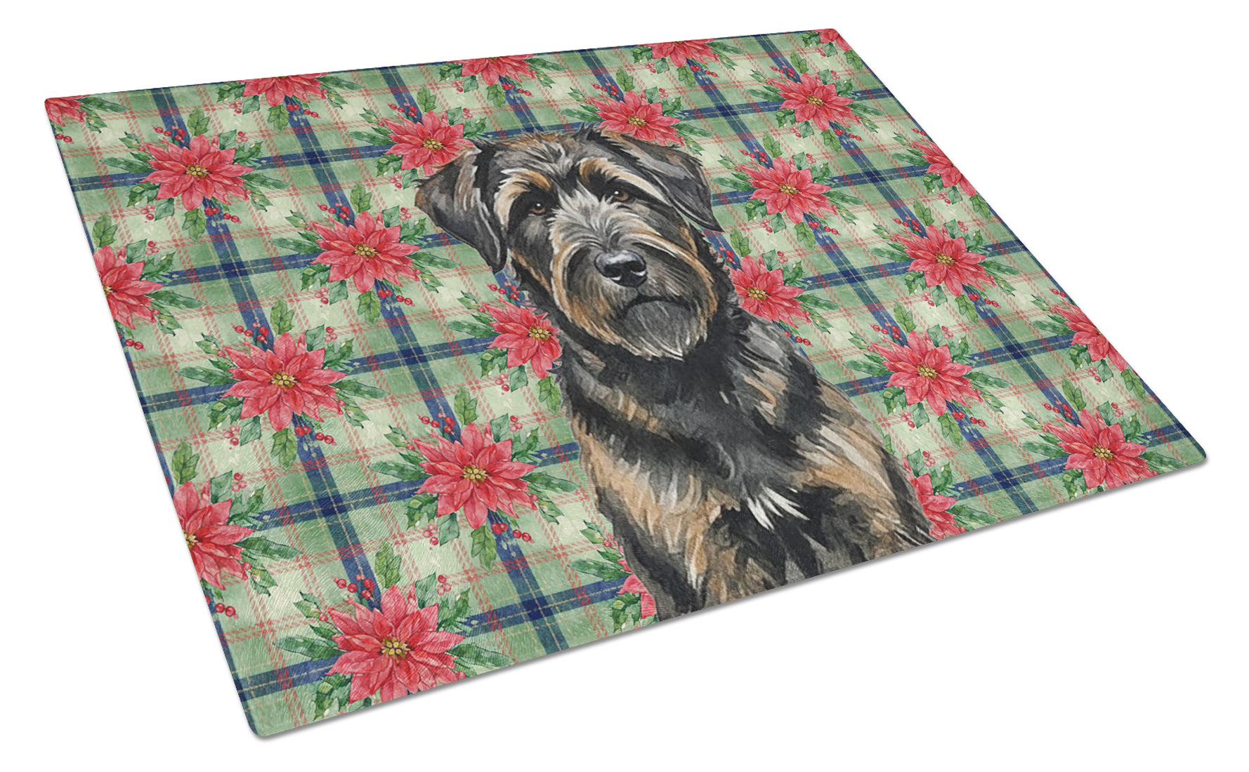 Brindle Bouvier des Flandres Christmas PoinsettIas Cutting Board Tempered Glass Kitchen Cutting Surface, Heat Resistant Chopping, Non-Slip Feet, Food Prep & Serving