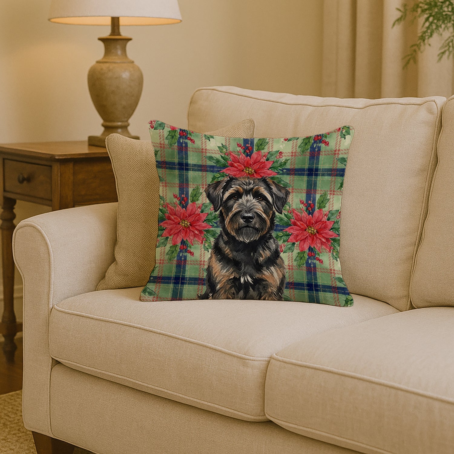 Brindle Bouvier des Flandres Christmas PoinsettIas Decorative Throw Pillow 14x14 Indoor Outdoor Accent Cushion, Fabric Cover with Insert for Sofa, Bed, Porch & Living Room