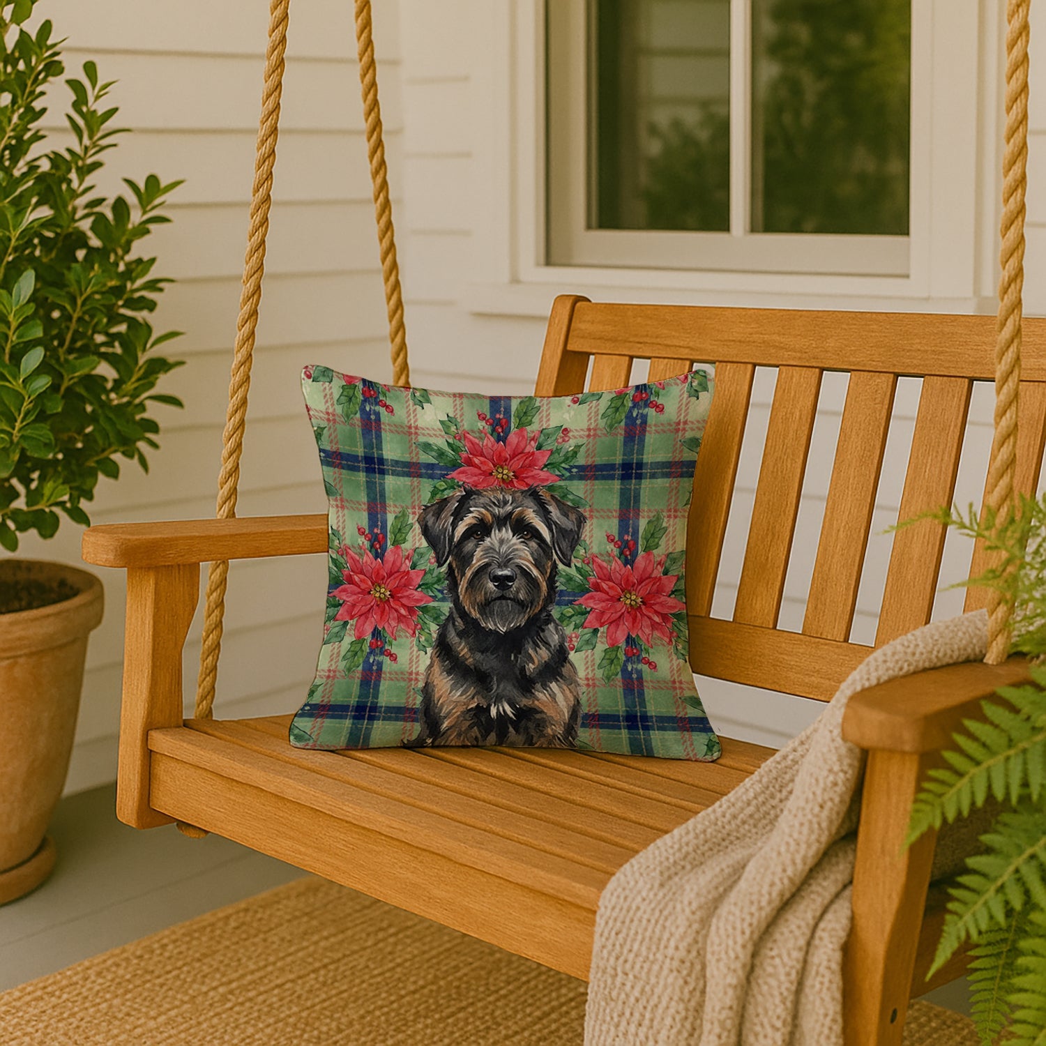 Brindle Bouvier des Flandres Christmas PoinsettIas Decorative Throw Pillow 18x18 Indoor Outdoor Accent Cushion, Fabric Cover with Insert for Sofa, Bed, Porch & Living Room