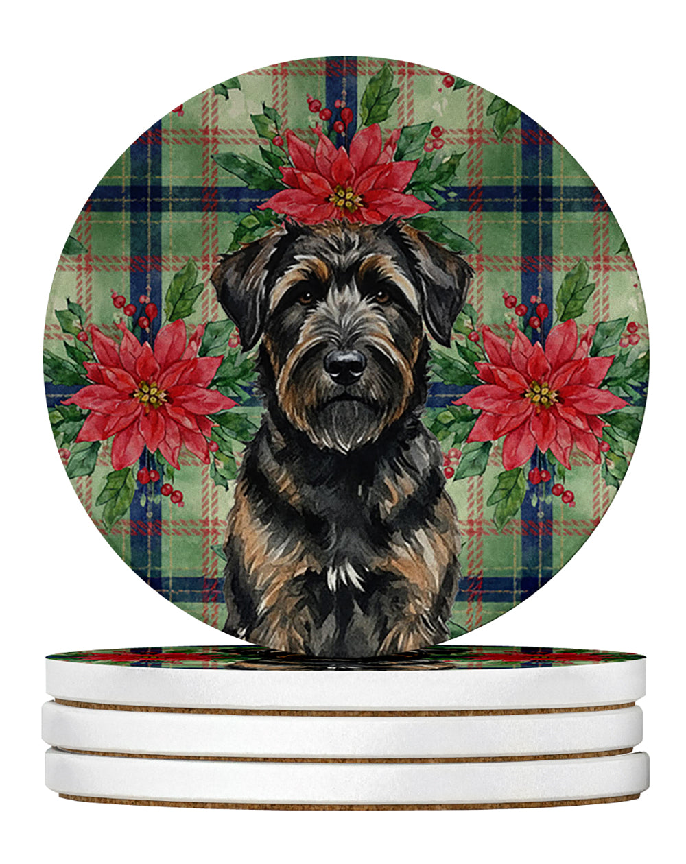 Brindle Bouvier des Flandres Christmas PoinsettIas Large Sandstone Coasters Pack of 4 Absorbent Round Coasters Decor Gifts for Men or Women, 4 in, Multicolor