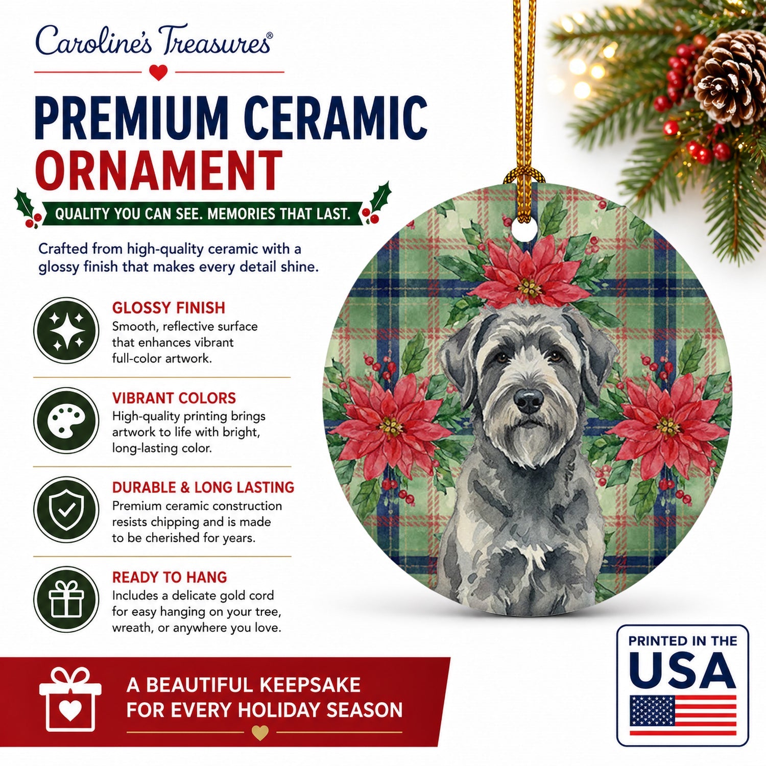 Gray Bouvier des Flandres Christmas PoinsettIas Ceramic Ornament Christmas Tree Hanging Decorations for Home Christmas Holiday, Party, Gift, 3 in, Multicolor