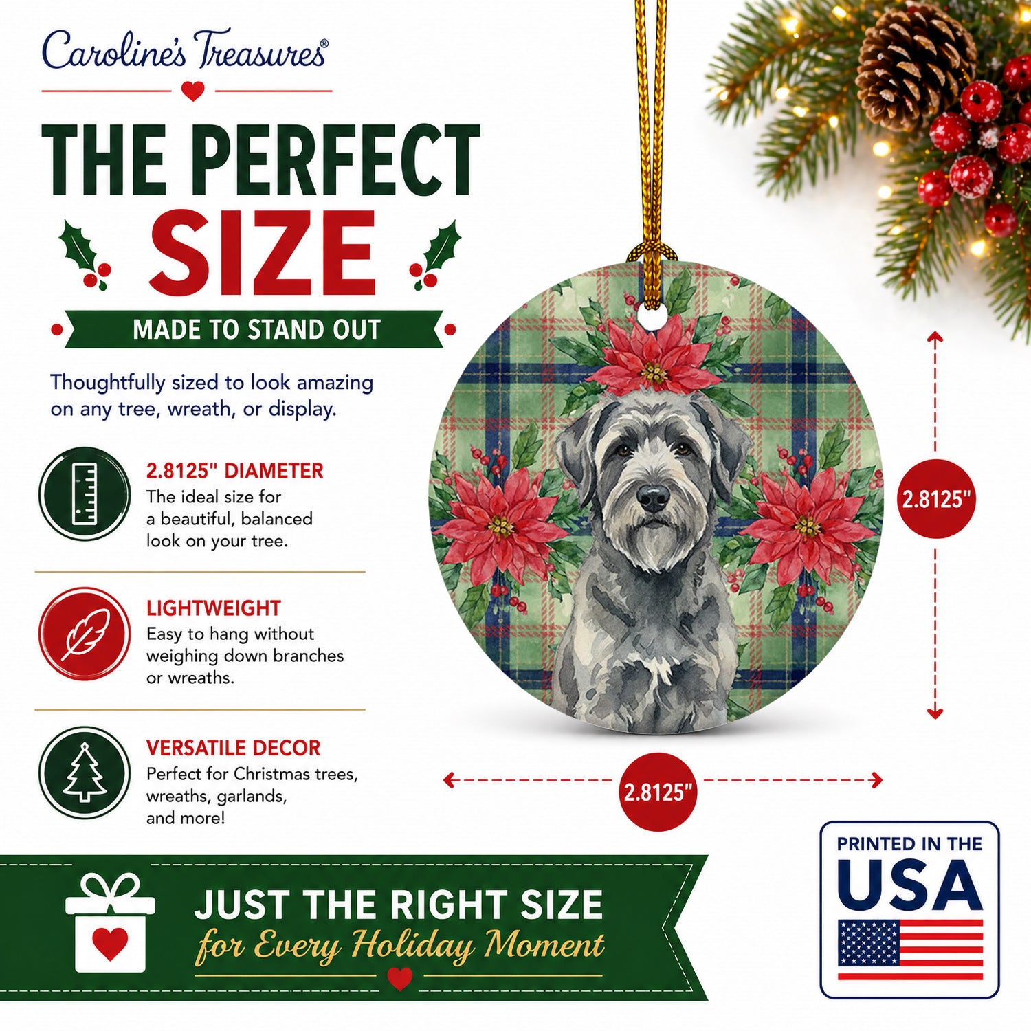Gray Bouvier des Flandres Christmas PoinsettIas Ceramic Ornament Christmas Tree Hanging Decorations for Home Christmas Holiday, Party, Gift, 3 in, Multicolor