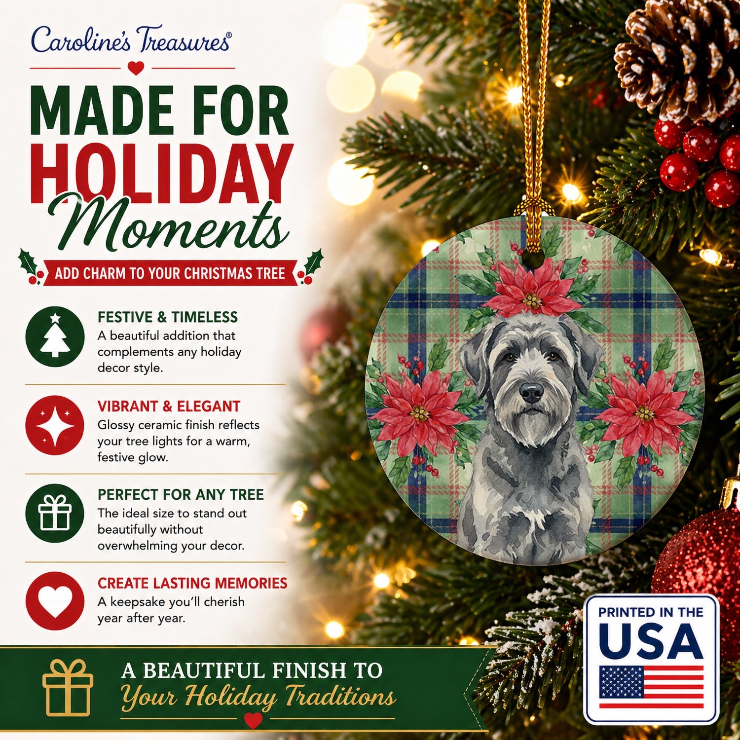 Gray Bouvier des Flandres Christmas PoinsettIas Ceramic Ornament Christmas Tree Hanging Decorations for Home Christmas Holiday, Party, Gift, 3 in, Multicolor