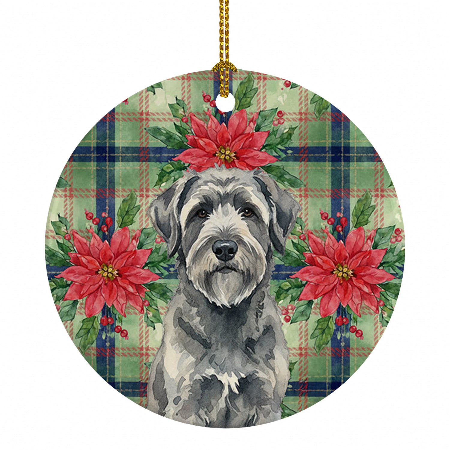 Gray Bouvier des Flandres Christmas PoinsettIas Ceramic Ornament Christmas Tree Hanging Decorations for Home Christmas Holiday, Party, Gift, 3 in, Multicolor